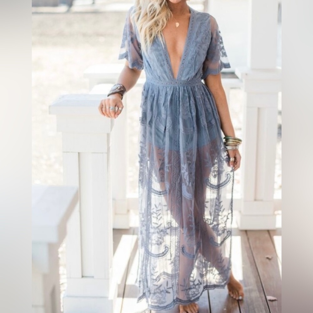 Honey Punch Mila Dusty Blue Lace Maxi Romper Size S